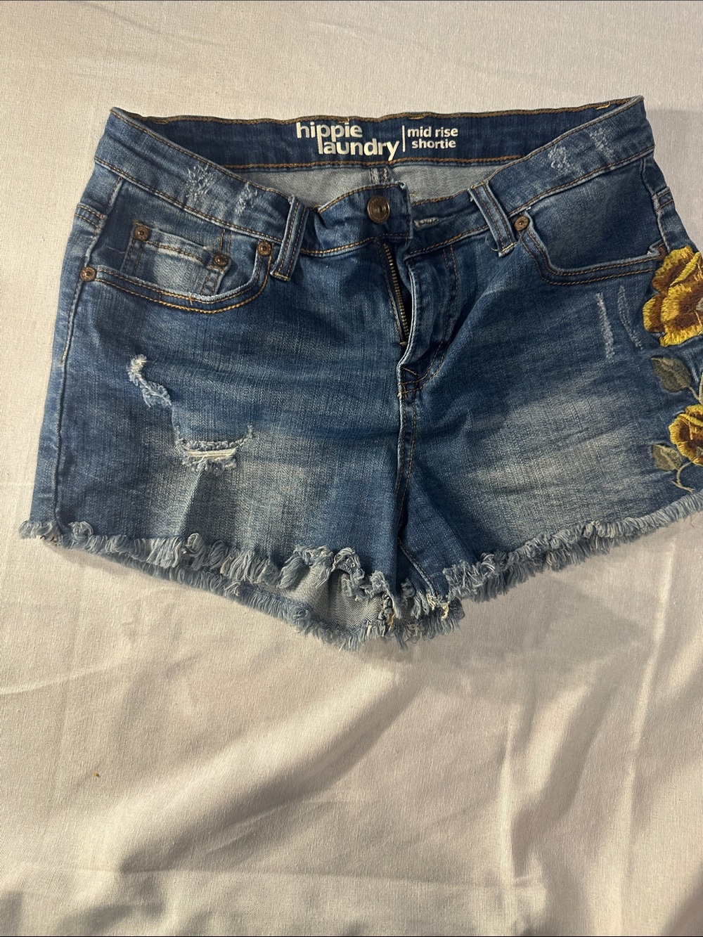 hippie laundry Blue Distressed Denim Shortie with Yellow Floral Embroidery